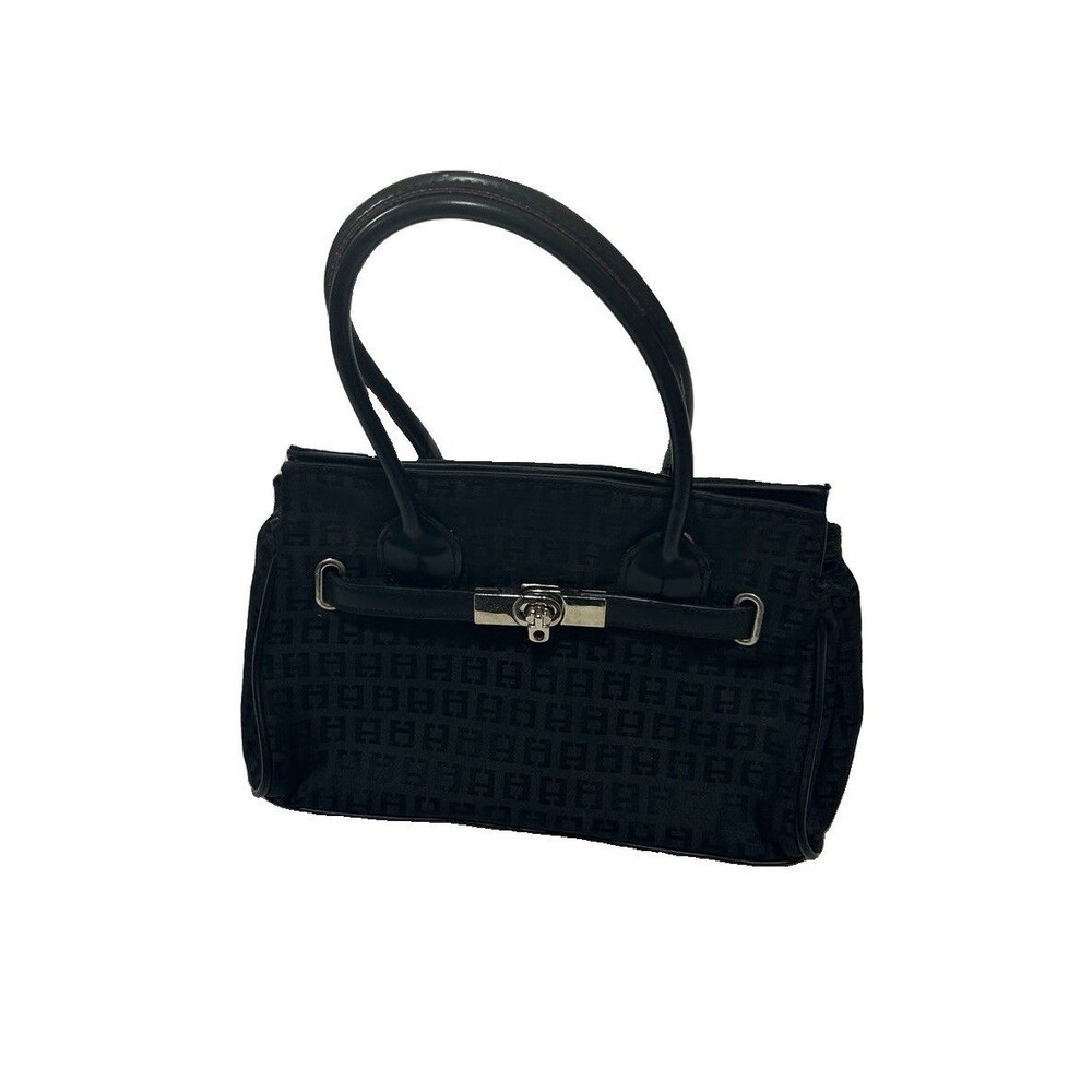 Chateau Black Monogram Print Handbag Satchel Purse Silver Tone Hardware